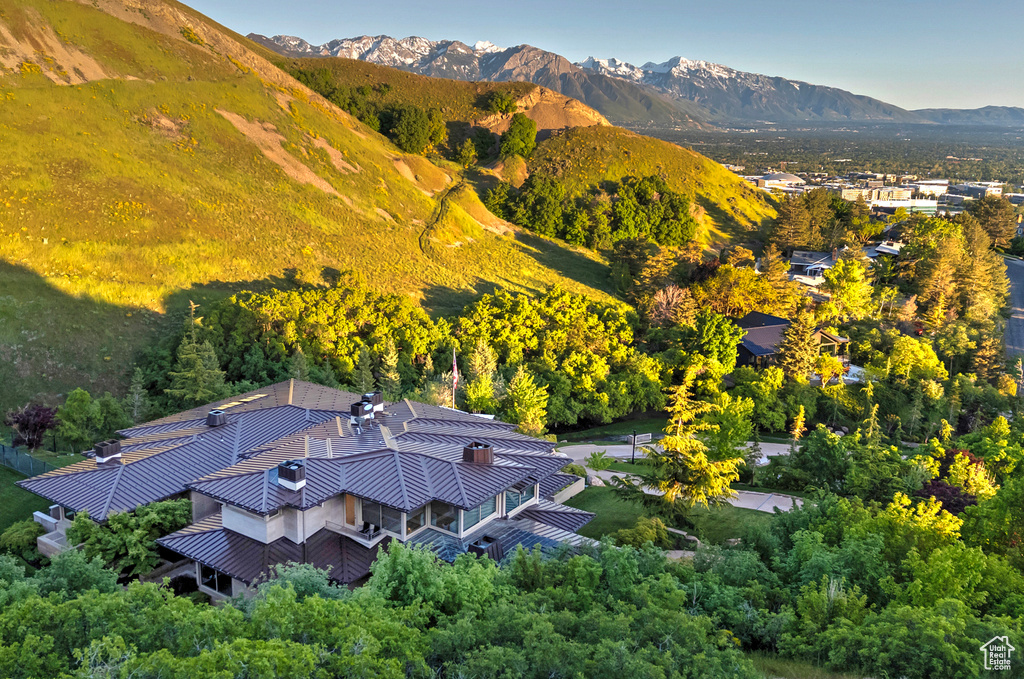 Drone / aerial view featuring a mountain view