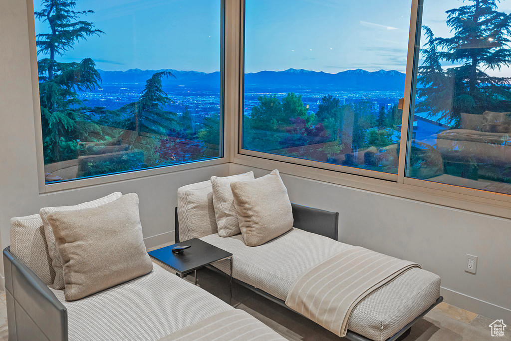 Sitting room featuring a mountain view