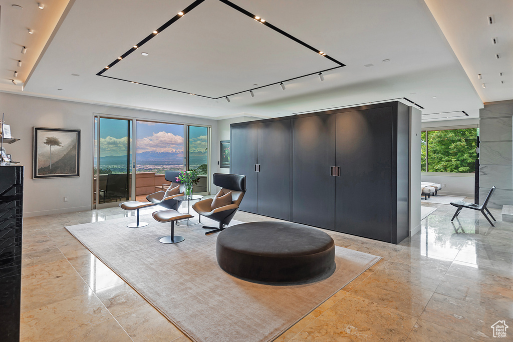 Living room with light tile floors