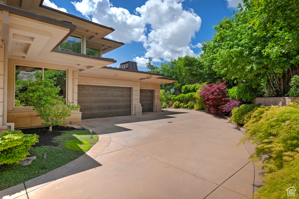 Exterior space with a garage