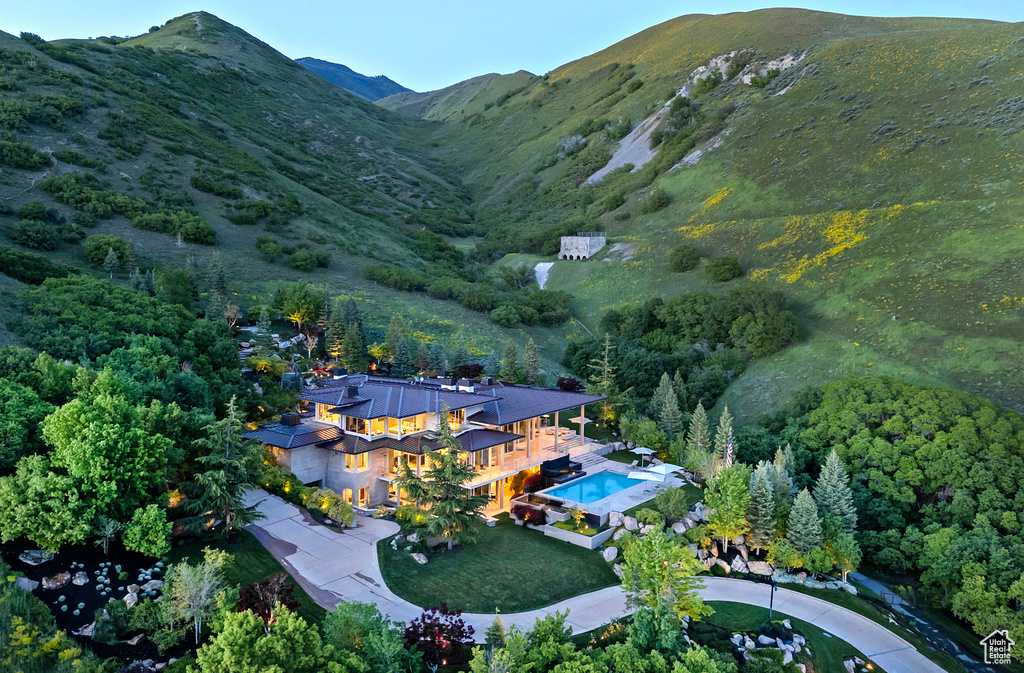 Aerial view featuring a mountain view