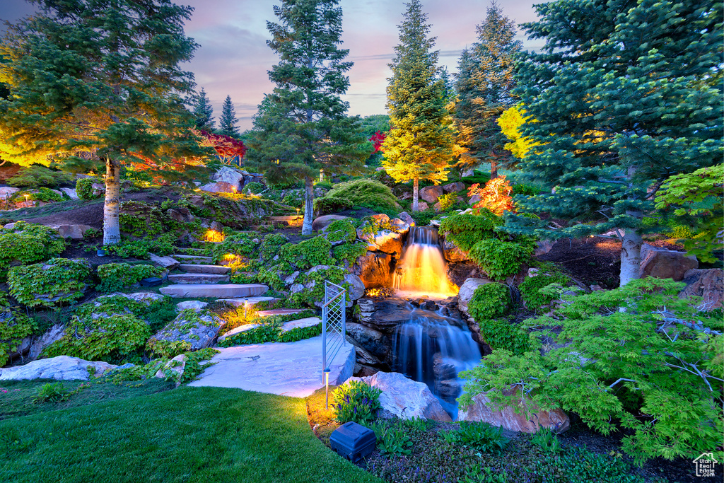 View of yard at dusk