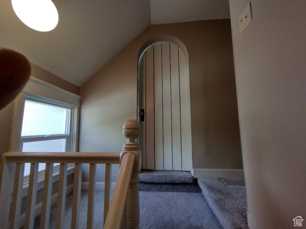 Stairs with lofted ceiling and carpet flooring