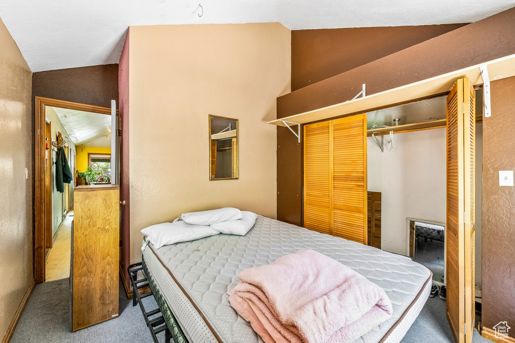 Carpeted bedroom featuring a closet and lofted ceiling