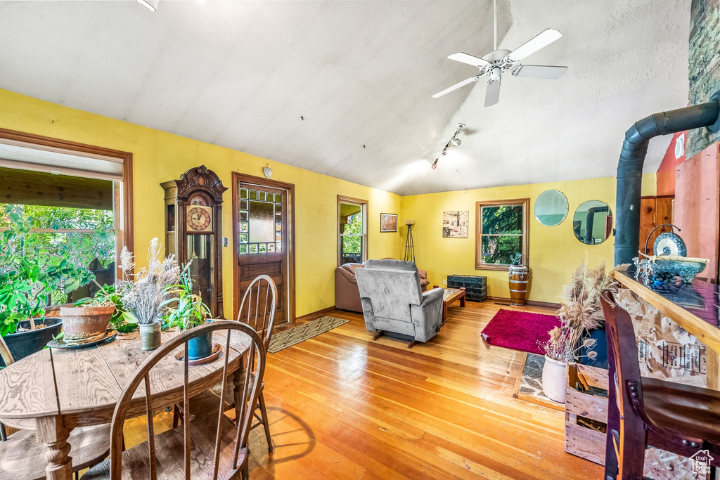 Living room featuring ceiling fan, vaulted ceiling, and track lighting