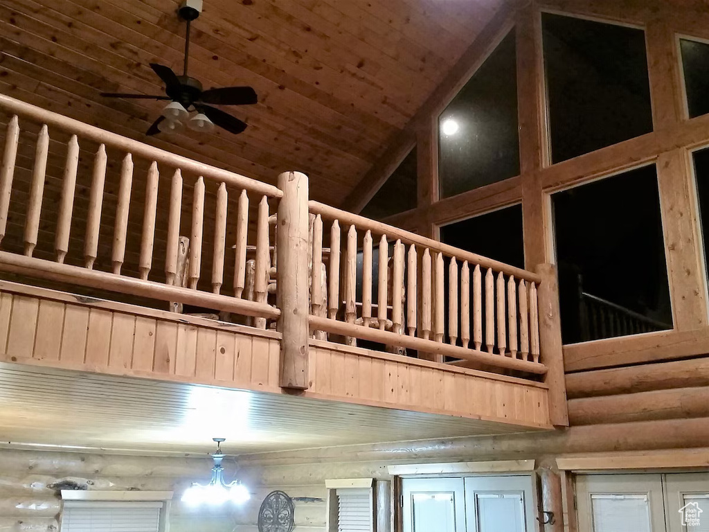 Details featuring ceiling fan and wood ceiling
