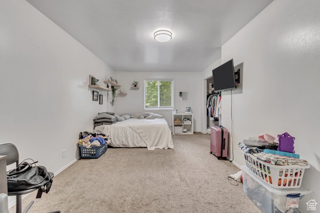 Carpeted bedroom featuring a closet