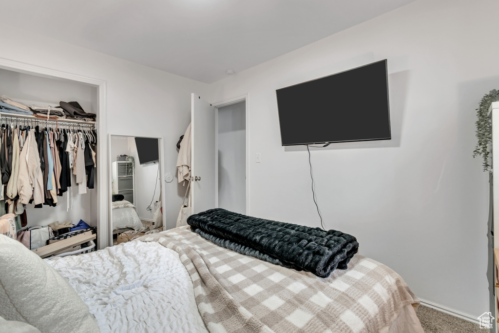 Carpeted bedroom with a closet