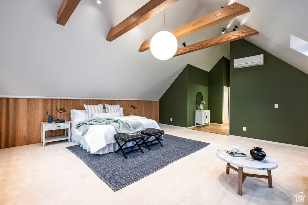 Carpeted bedroom featuring an AC wall unit, lofted ceiling with beams, and wooden walls