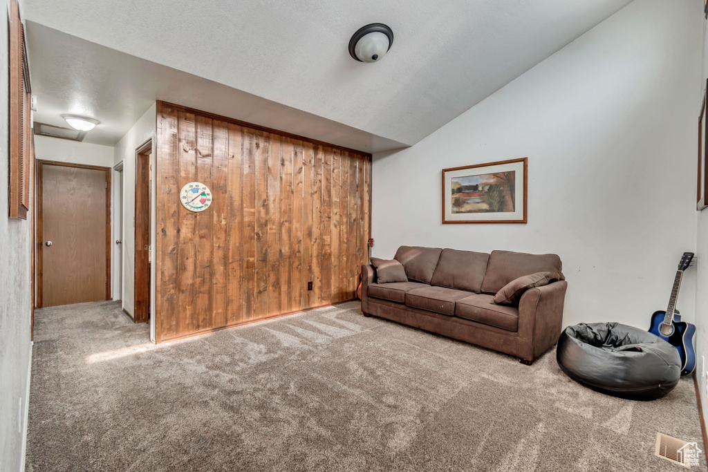 Living room with carpet flooring, wooden walls, and lofted ceiling