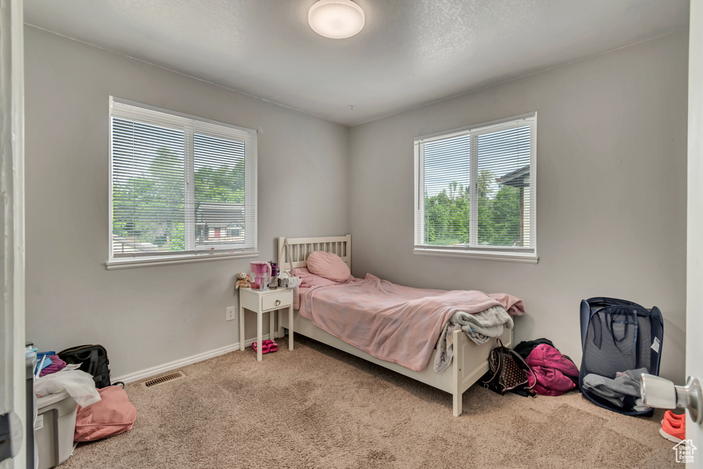 Bedroom featuring multiple windows and carpet flooring