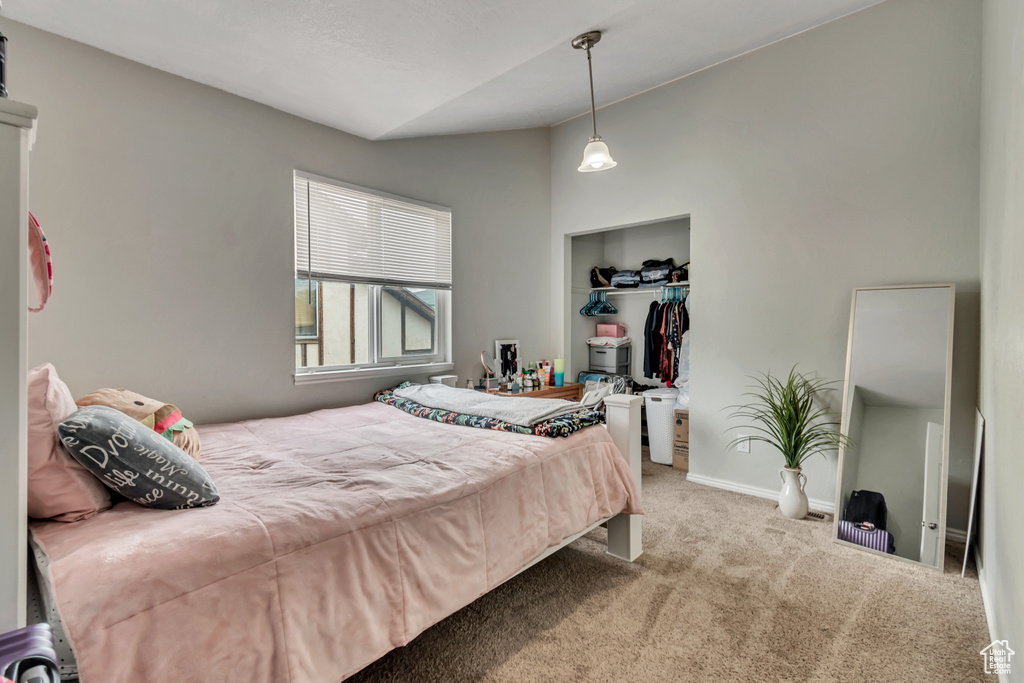 Bedroom with carpet flooring and a closet