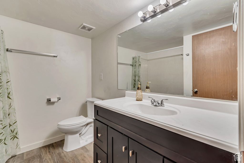 Bathroom with wood-type flooring, vanity, and toilet