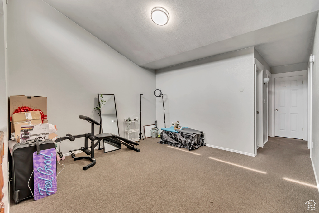 Workout area with carpet and a textured ceiling