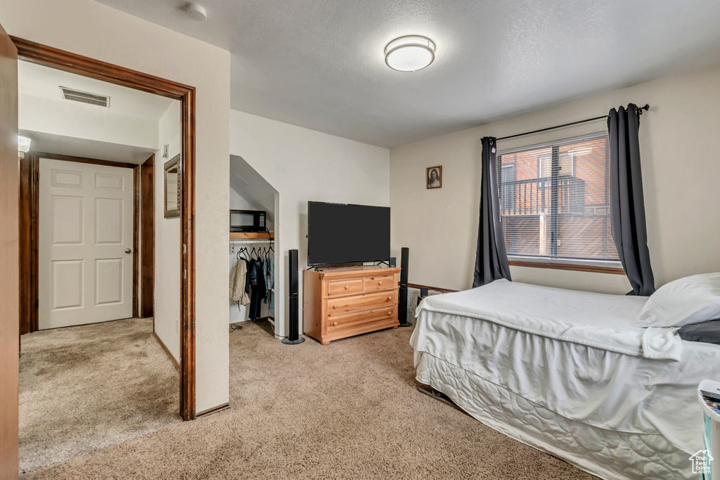 Carpeted bedroom featuring a closet