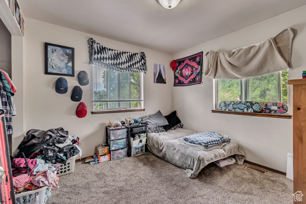 Carpeted bedroom with multiple windows