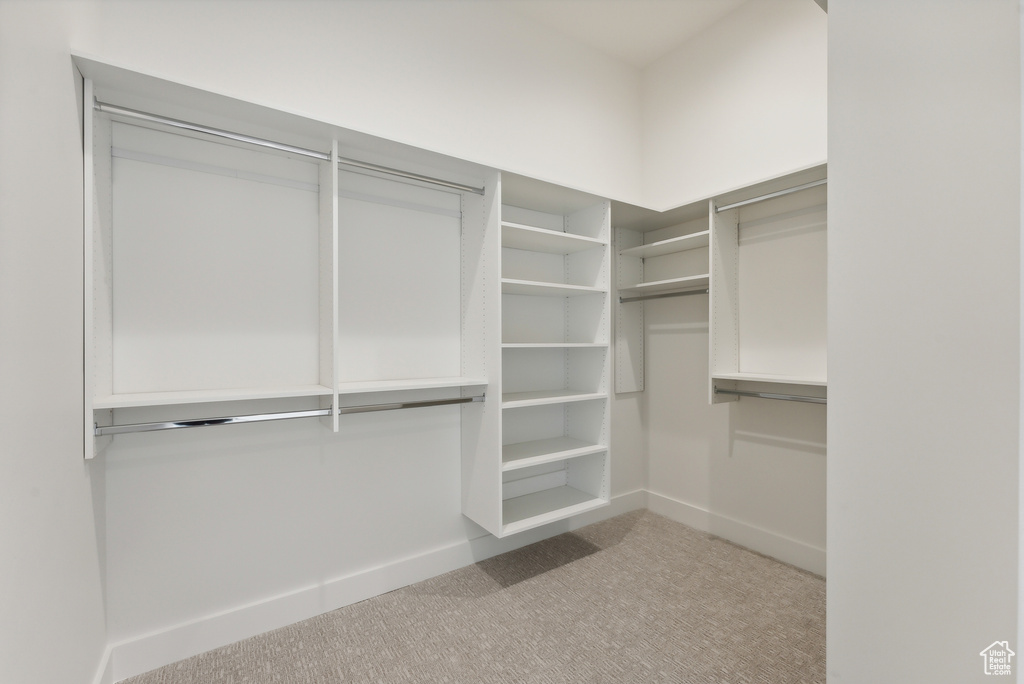 Walk in closet featuring light colored carpet