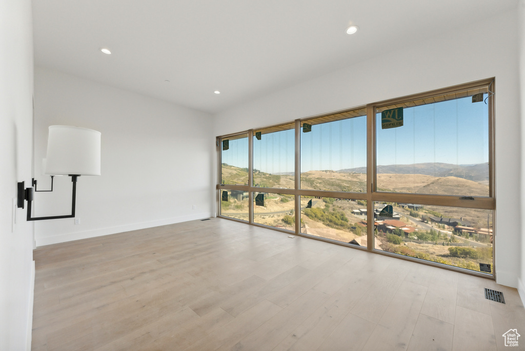 Unfurnished room with light hardwood / wood-style floors, a mountain view, and a wealth of natural light