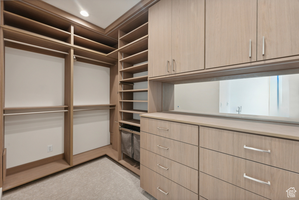 Spacious closet featuring light carpet