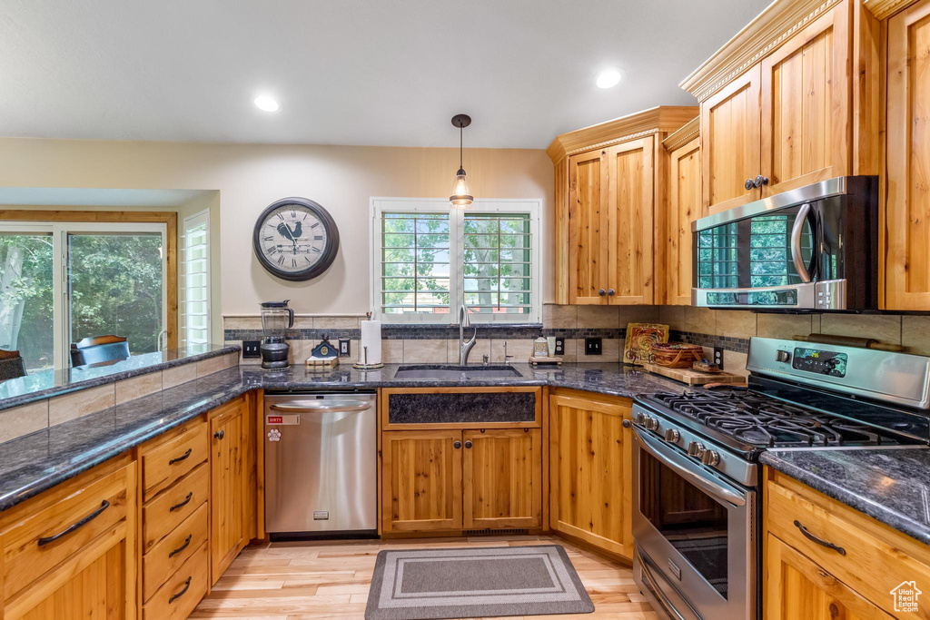 Kitchen with stainless steel appliances, dark stone countertops, sink, and light hardwood / wood-style floors