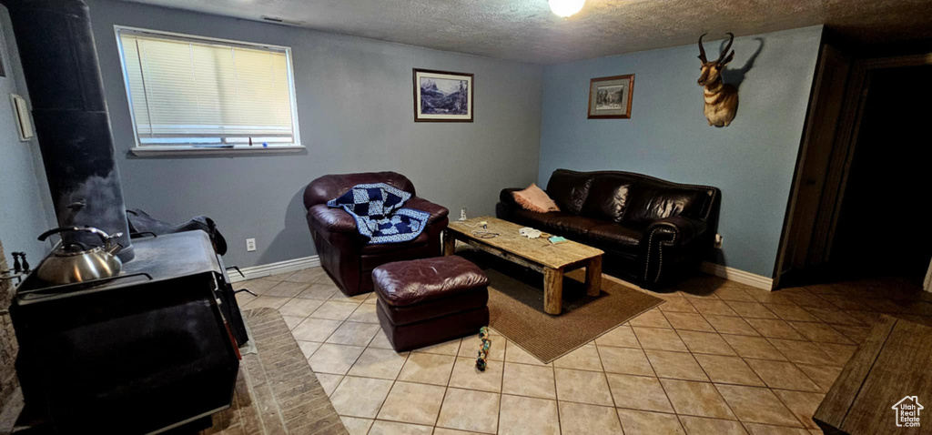 Living room featuring a textured ceiling and light tile patterned floors