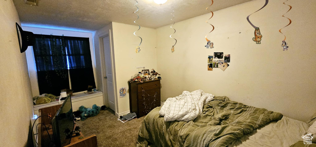 Carpeted bedroom with a textured ceiling