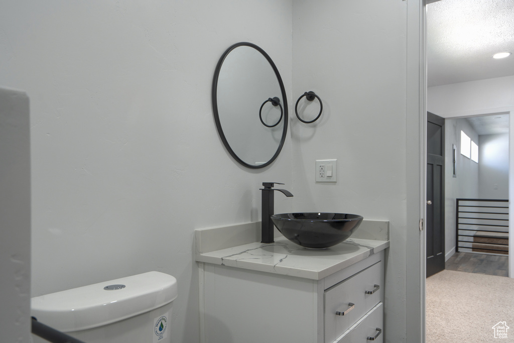 Bathroom with vanity, toilet, and hardwood / wood-style flooring