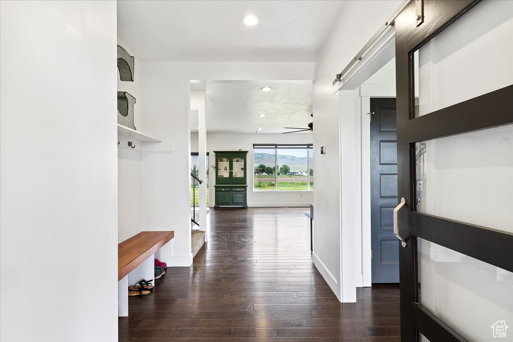 Corridor featuring a barn door and dark hardwood / wood-style flooring