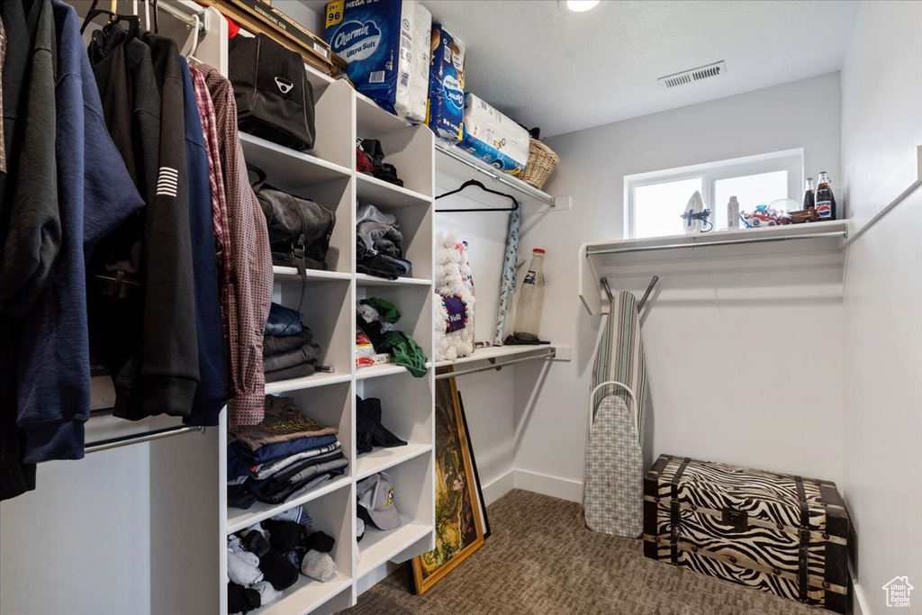 Walk in closet with carpet floors