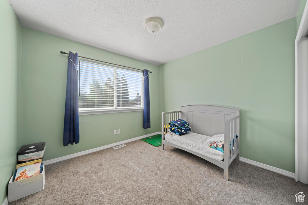 Carpeted bedroom featuring a textured ceiling