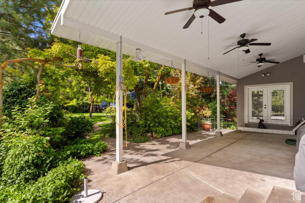 View of patio / terrace with ceiling fan and french doors