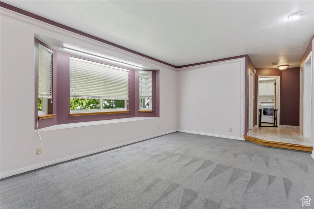 Spare room with ornamental molding and light colored carpet