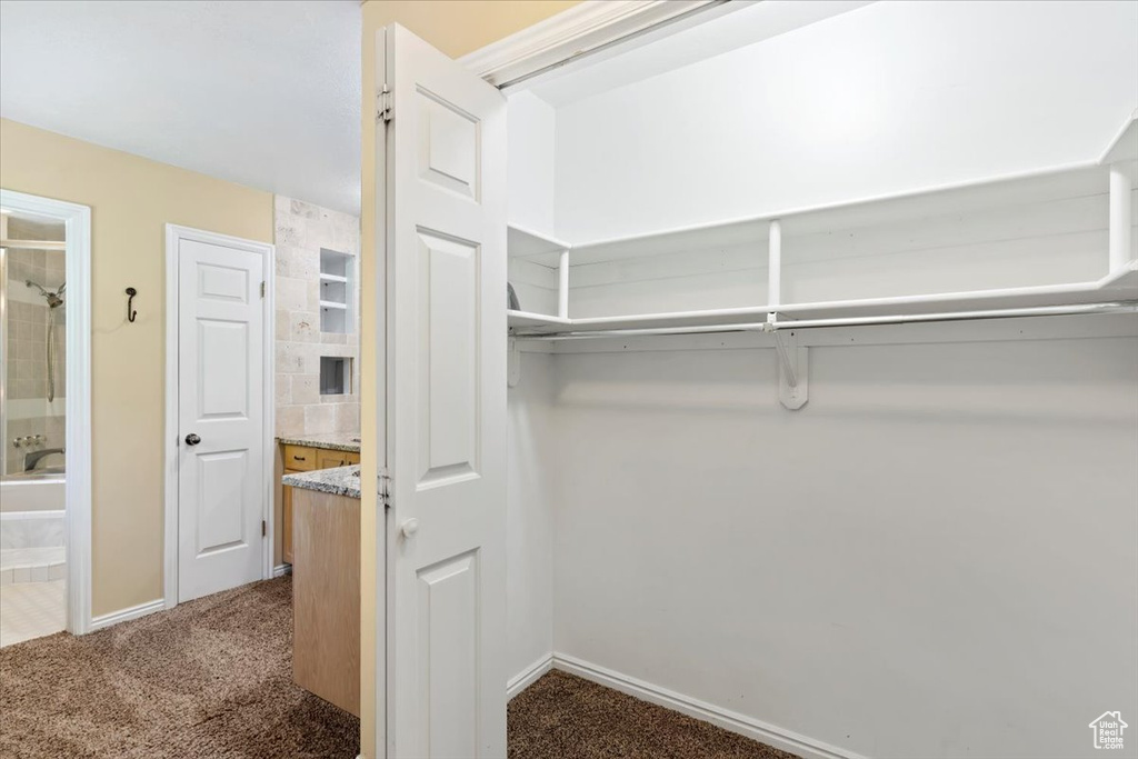 Walk in closet featuring dark colored carpet