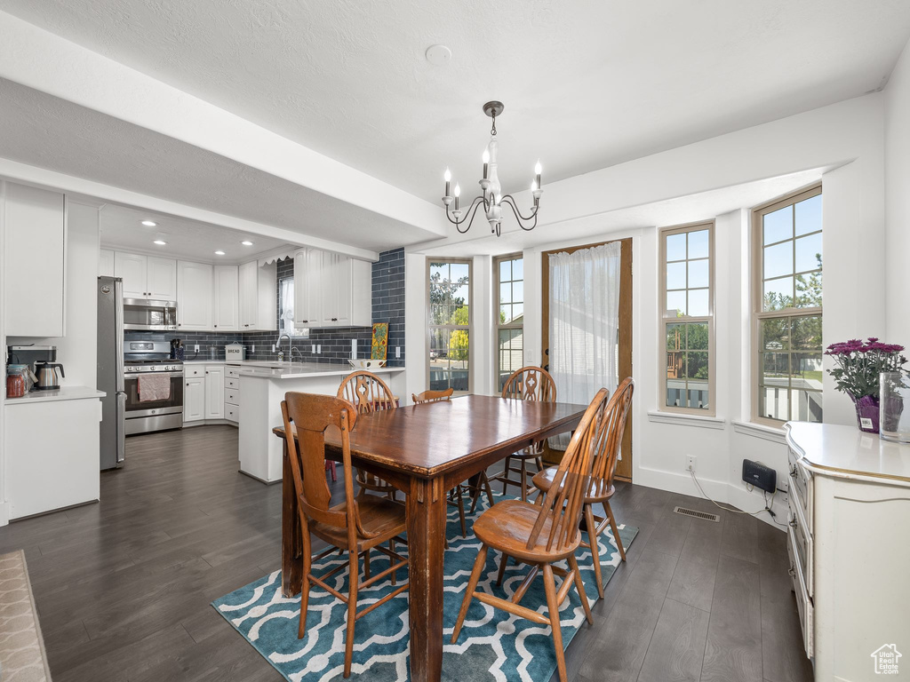 Dining room with a chandelier, sink, and dark hardwood / wood-style floors