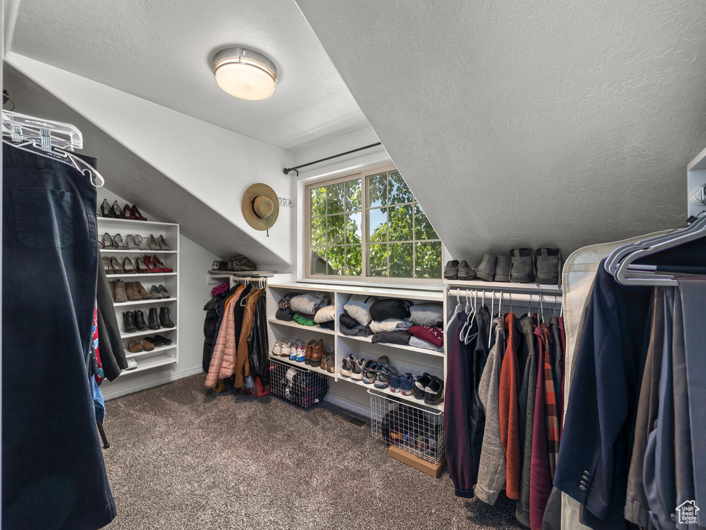 Walk in closet featuring carpet flooring and vaulted ceiling