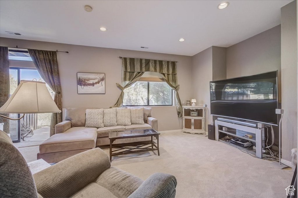 Carpeted living room with a healthy amount of sunlight