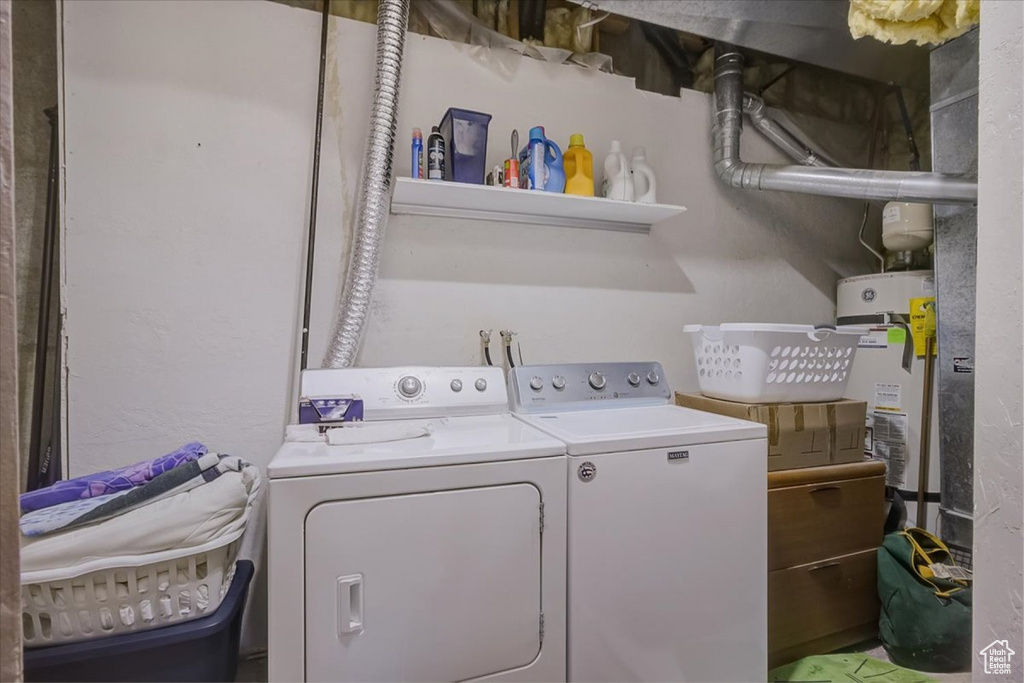 Laundry area featuring water heater and washing machine and dryer