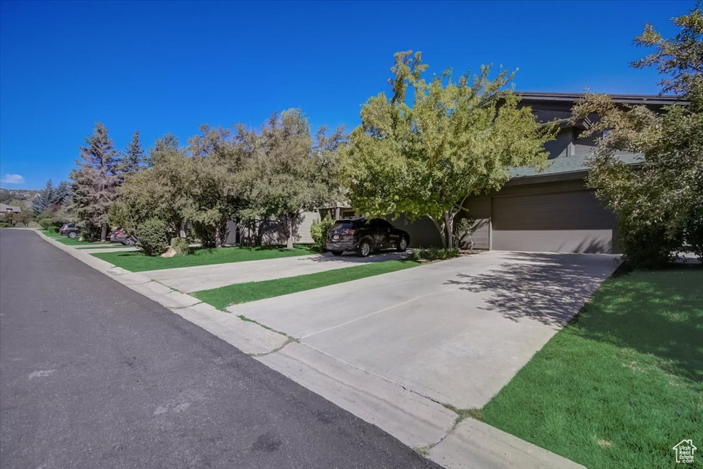 View of property hidden behind natural elements with a garage and a front yard