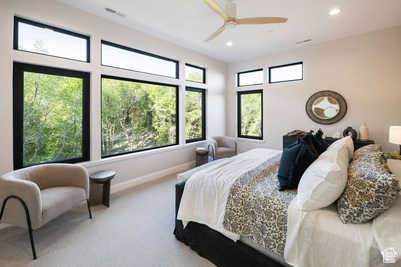 Carpeted bedroom with ceiling fan