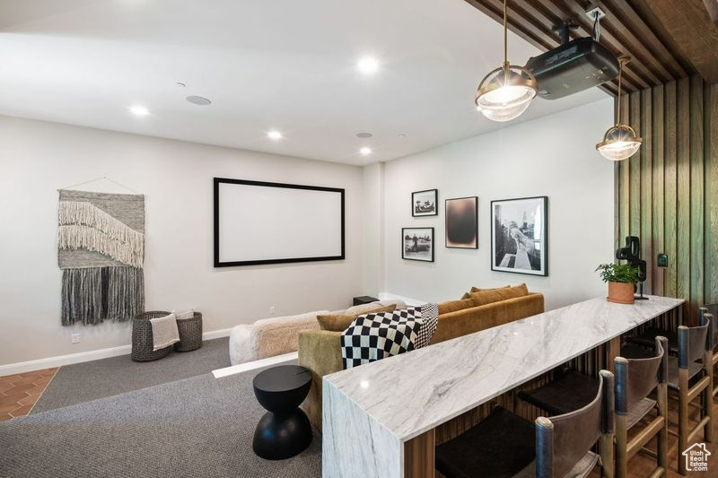 Home theater featuring carpet flooring