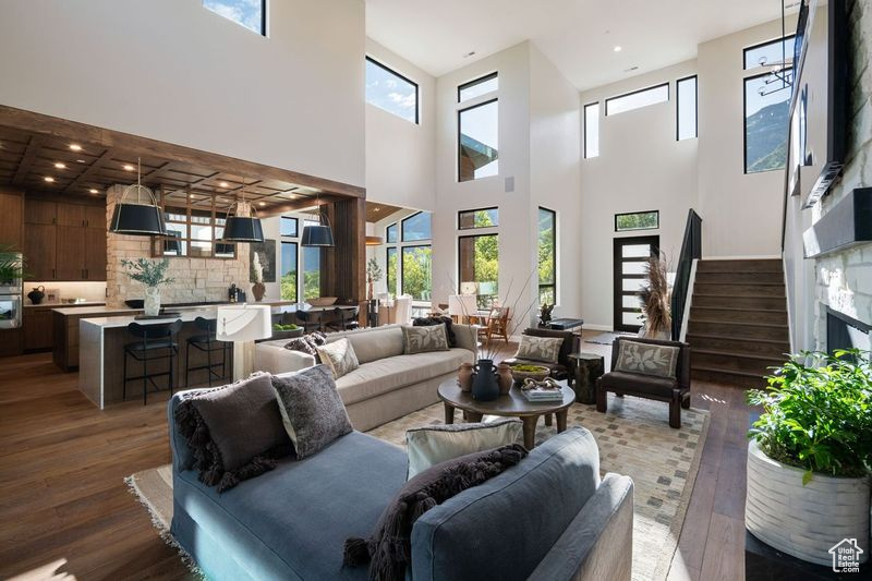 Living room featuring a towering ceiling, a wealth of natural light, hardwood / wood-style flooring, and a high end fireplace