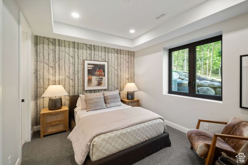 Carpeted bedroom featuring a raised ceiling