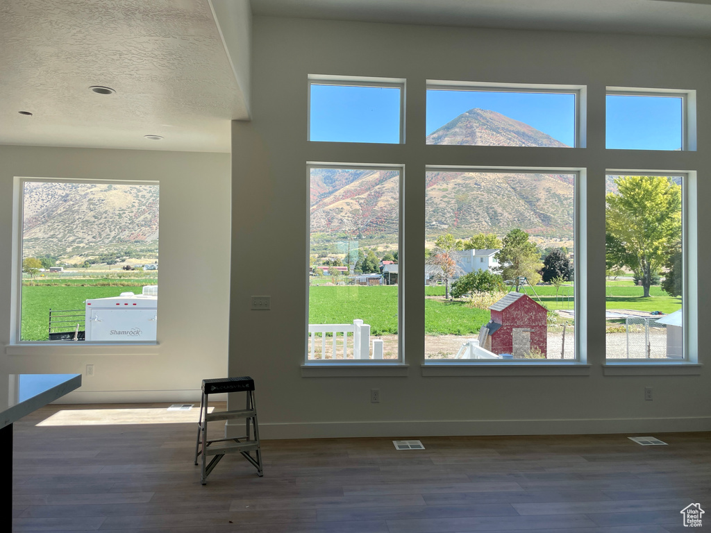 Interior space featuring a healthy amount of sunlight, hardwood / wood-style floors, and a mountain view