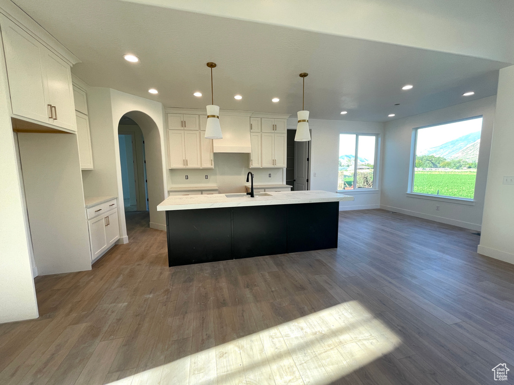 Kitchen featuring a center island with sink, white cabinets, wood-type flooring, and decorative light fixtures