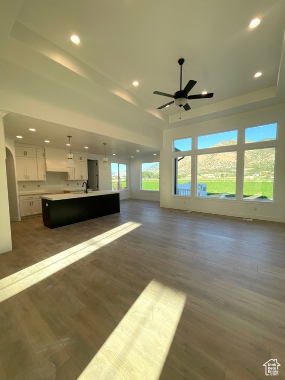 Unfurnished living room featuring a tray ceiling, ceiling fan, dark hardwood / wood-style floors, and sink