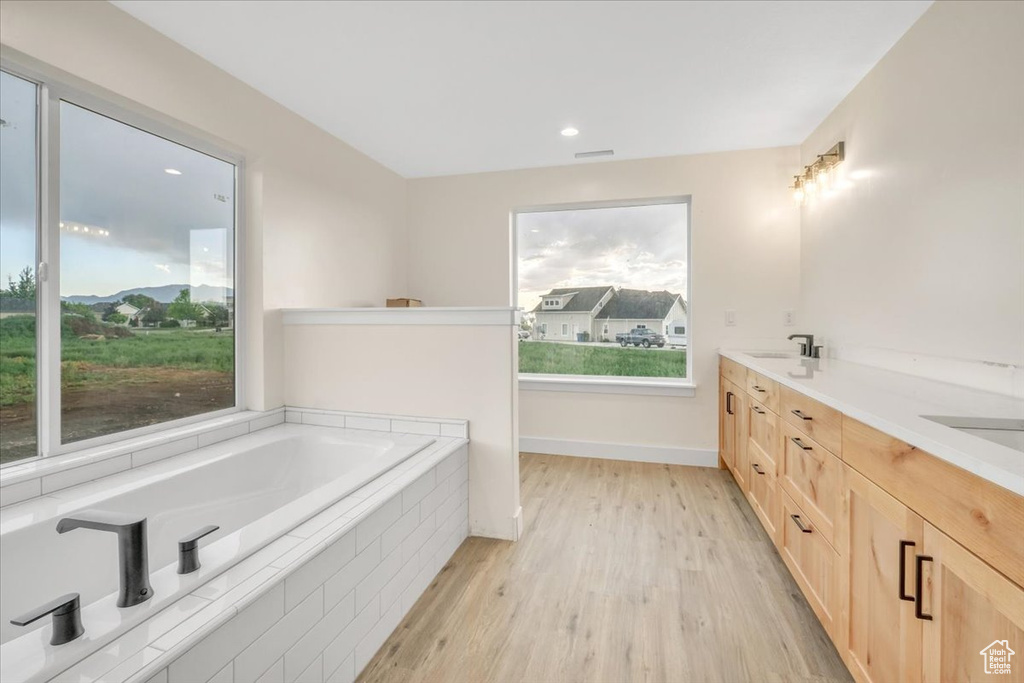 Bathroom featuring dual bowl vanity, tiled bath, and hardwood / wood-style floors