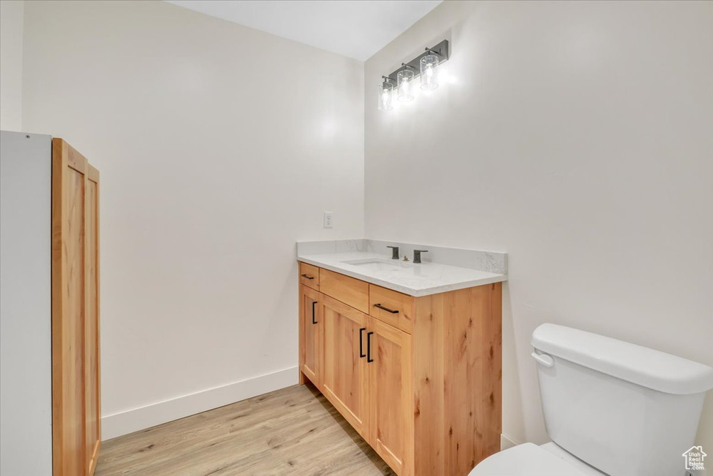 Bathroom featuring vanity, toilet, and wood-type flooring