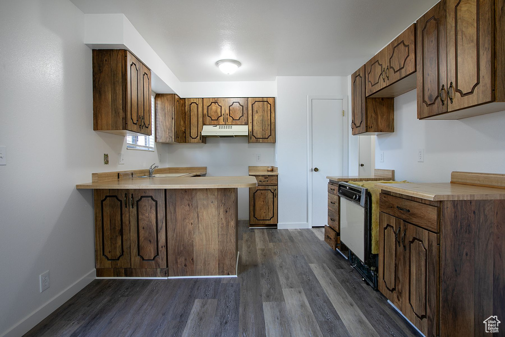 Kitchen with dark hardwood / wood-style floors, sink, kitchen peninsula, and white dishwasher