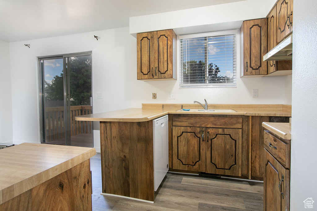 Kitchen with dark hardwood / wood-style flooring, kitchen peninsula, dishwasher, a healthy amount of sunlight, and sink