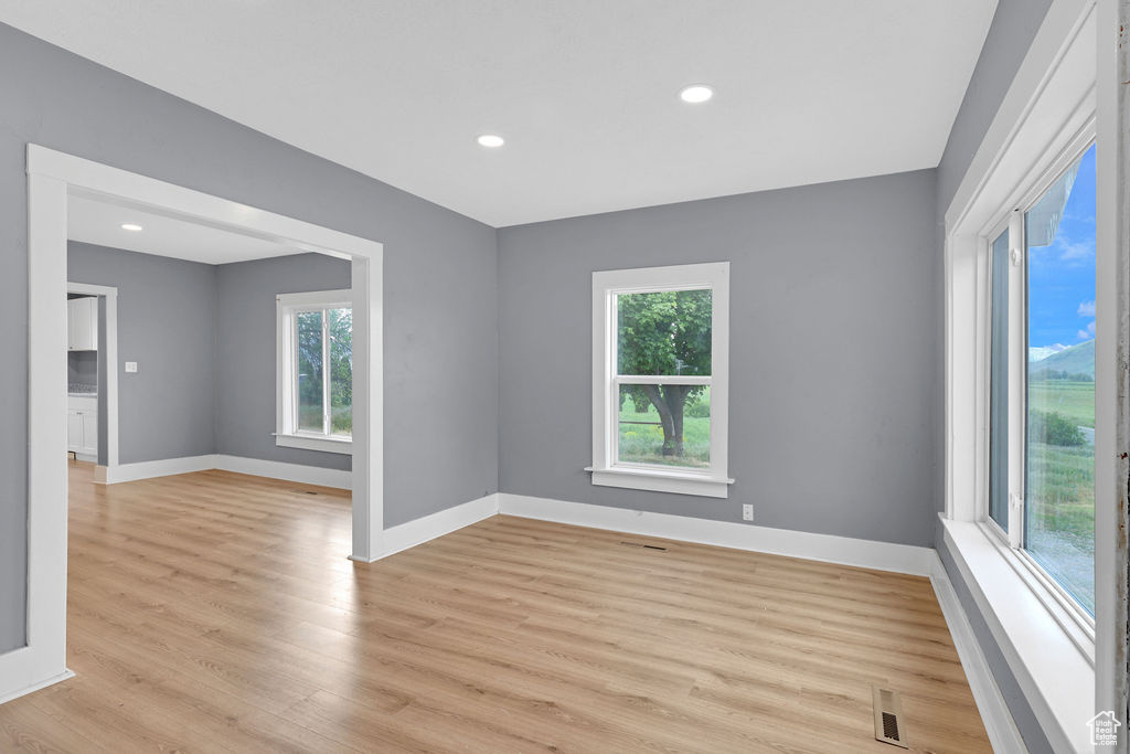 Spare room with a wealth of natural light and light hardwood / wood-style flooring